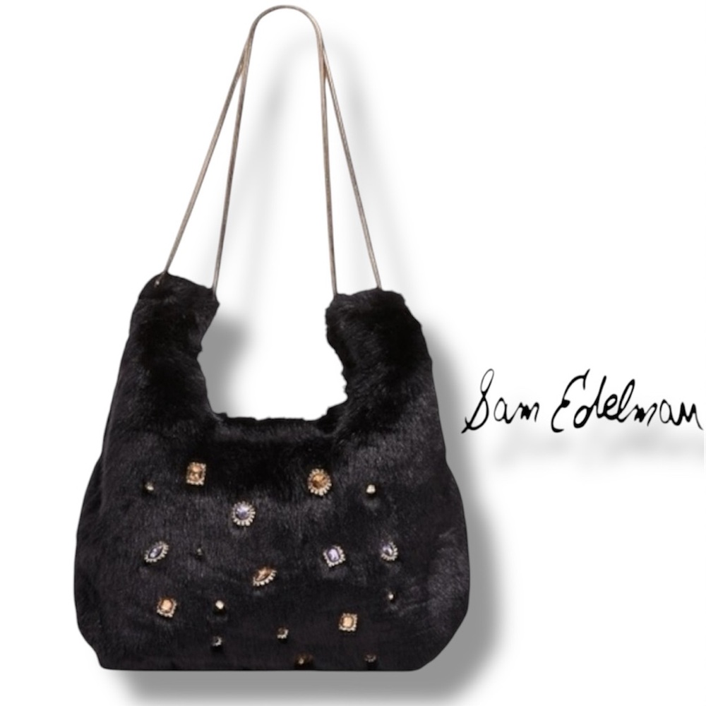 Sam Edelman Black Faux Fur Shoulder Bag with Jewel Accents